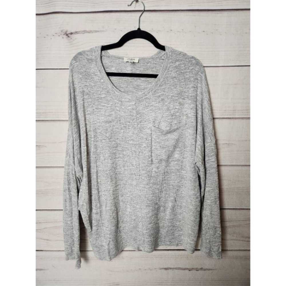 Umgee Womens Pullover Sweater Gray Marled Long Sleeve Scoop Neck Single Pocket M